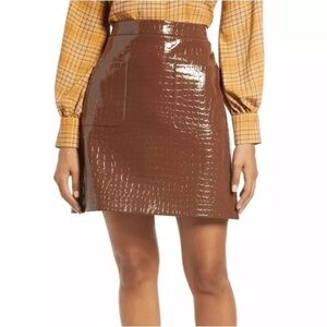 Halogen x Atlantic Pacific A-Line Brown Patent Leather‎ Mini Skirt Size XS